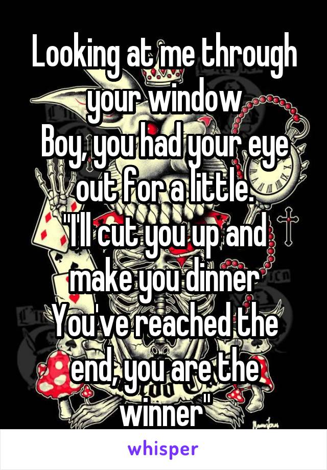 Looking at me through your window
Boy, you had your eye out for a little.
"I'll cut you up and make you dinner
You've reached the end, you are the winner"