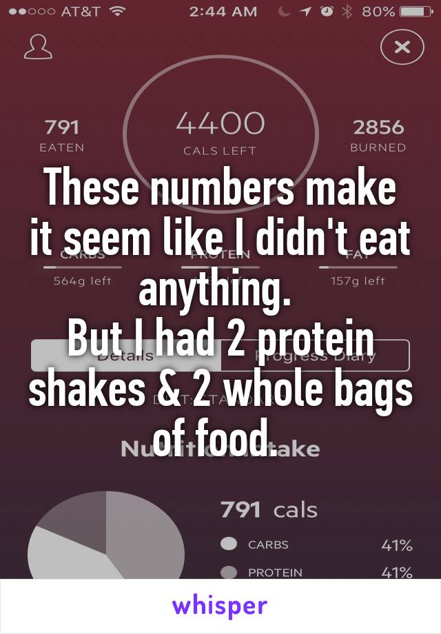 These numbers make it seem like I didn't eat anything. 
But I had 2 protein shakes & 2 whole bags of food. 