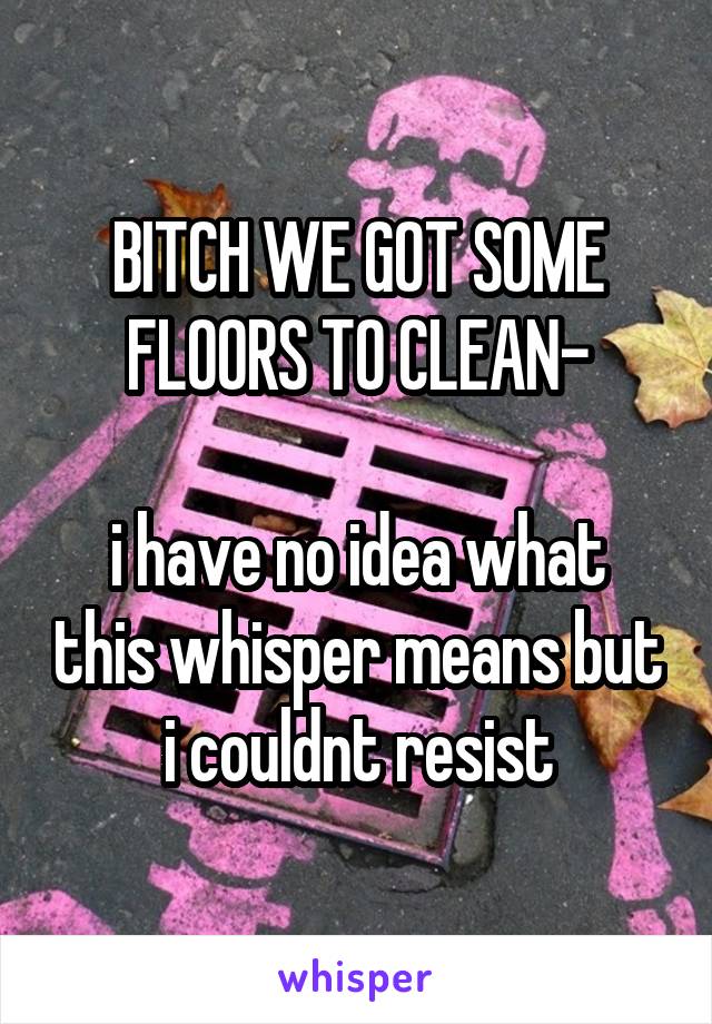 BITCH WE GOT SOME FLOORS TO CLEAN-

i have no idea what this whisper means but i couldnt resist