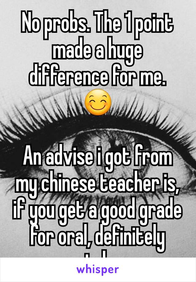 No probs. The 1 point made a huge difference for me. 😊

An advise i got from my chinese teacher is, if you get a good grade for oral, definitely retake. 