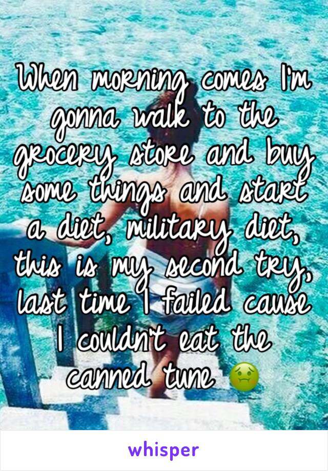 When morning comes I'm gonna walk to the grocery store and buy some things and start a diet, military diet, this is my second try, last time I failed cause I couldn't eat the canned tune 🤢