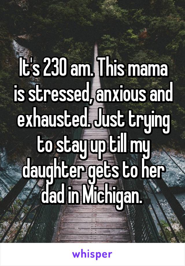 It's 230 am. This mama is stressed, anxious and exhausted. Just trying to stay up till my daughter gets to her dad in Michigan. 