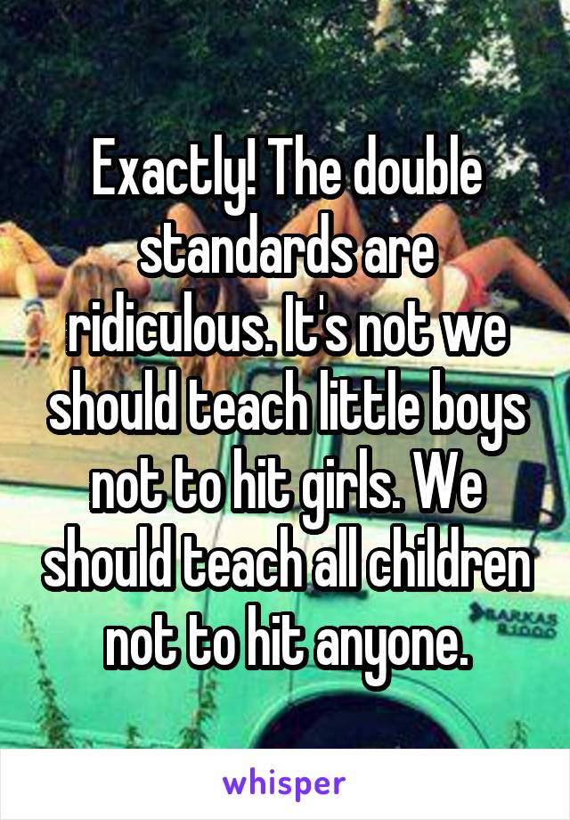 Exactly! The double standards are ridiculous. It's not we should teach little boys not to hit girls. We should teach all children not to hit anyone.