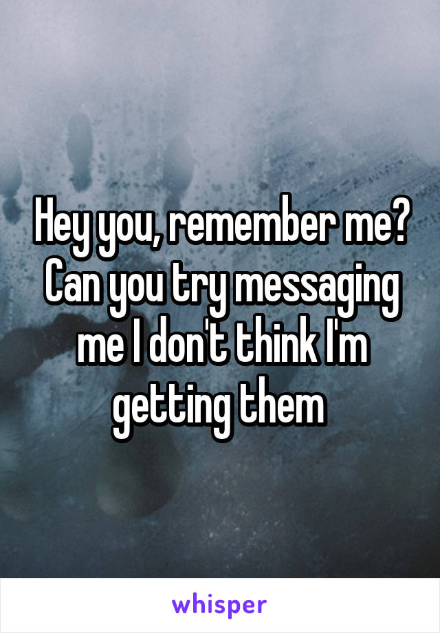 Hey you, remember me? Can you try messaging me I don't think I'm getting them 