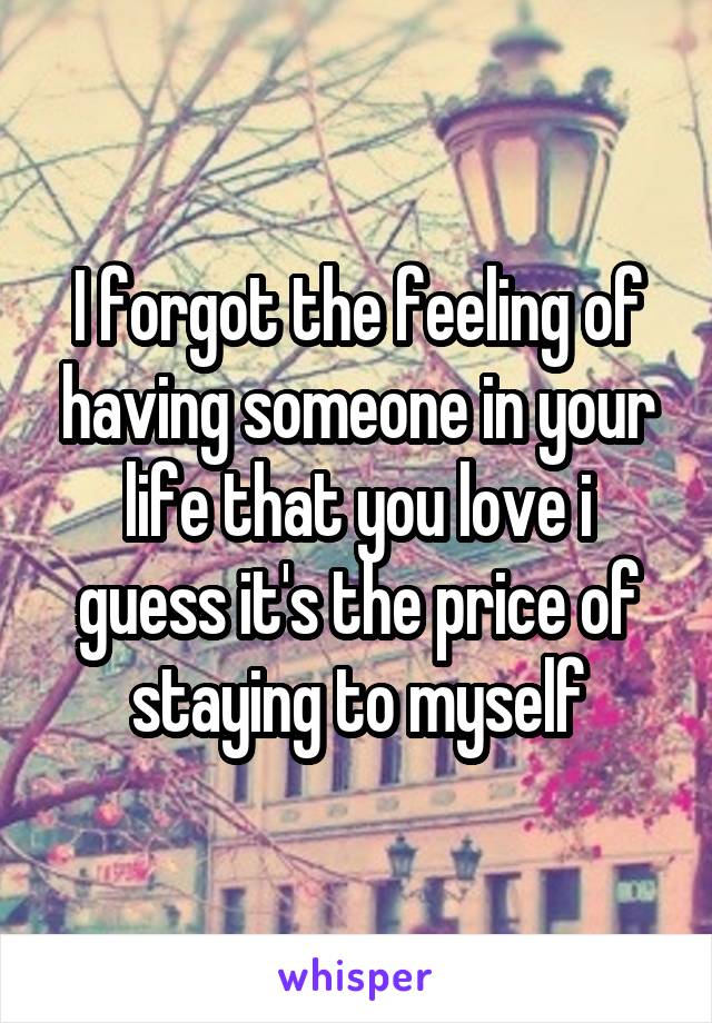 I forgot the feeling of having someone in your life that you love i guess it's the price of staying to myself