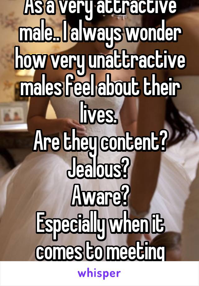 As a very attractive male.. I always wonder how very unattractive males feel about their lives. 
Are they content? Jealous? 
Aware?
Especially when it comes to meeting women.