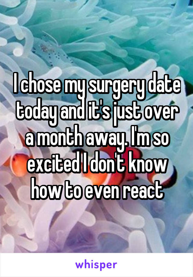 I chose my surgery date today and it's just over a month away. I'm so excited I don't know how to even react