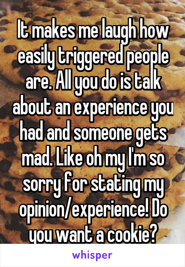It makes me laugh how easily triggered people are. All you do is talk about an experience you had and someone gets mad. Like oh my I'm so sorry for stating my opinion/experience! Do you want a cookie?