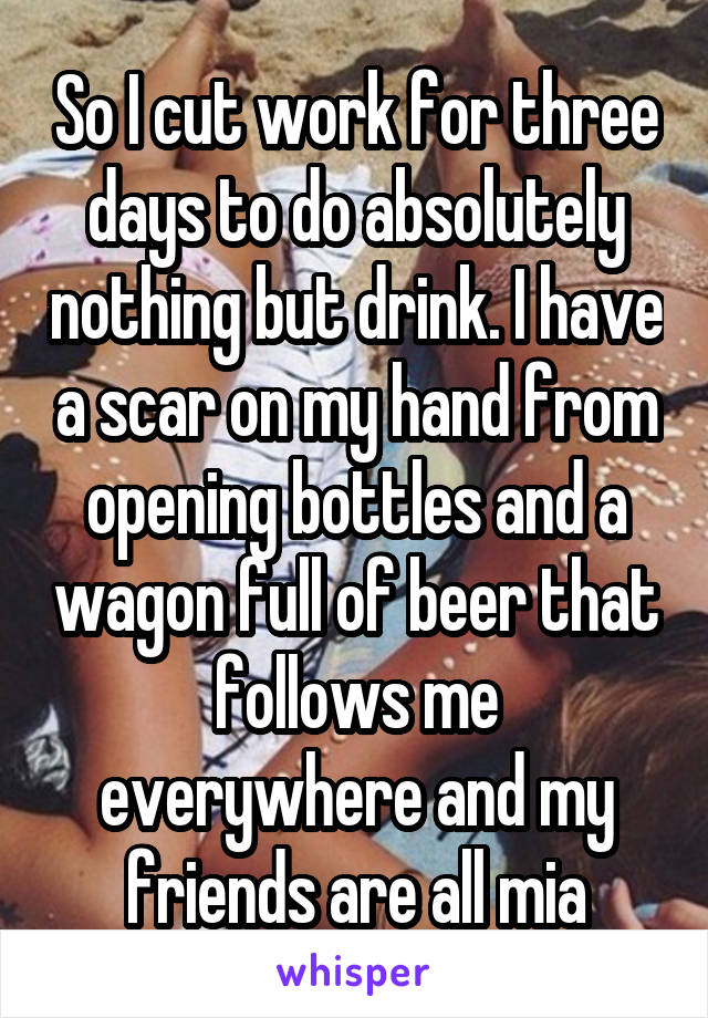 So I cut work for three days to do absolutely nothing but drink. I have a scar on my hand from opening bottles and a wagon full of beer that follows me everywhere and my friends are all mia