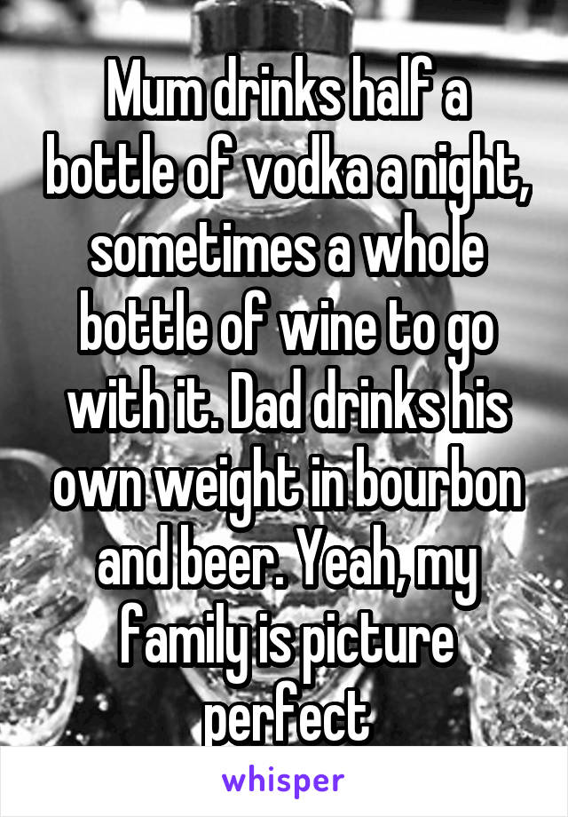 Mum drinks half a bottle of vodka a night, sometimes a whole bottle of wine to go with it. Dad drinks his own weight in bourbon and beer. Yeah, my family is picture perfect