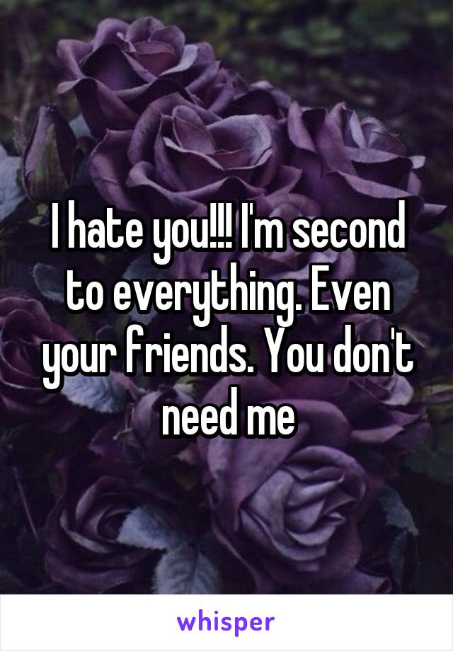 I hate you!!! I'm second to everything. Even your friends. You don't need me