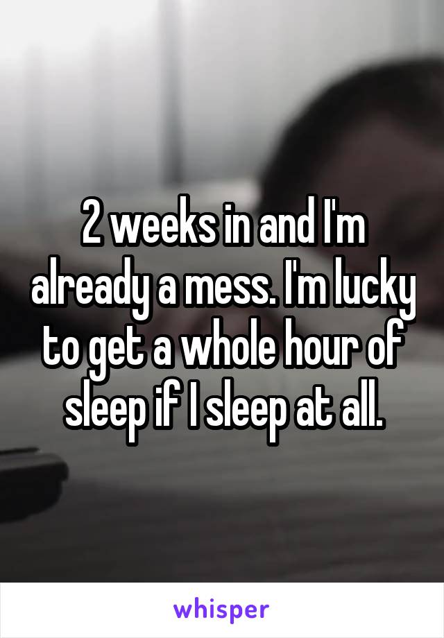 2 weeks in and I'm already a mess. I'm lucky to get a whole hour of sleep if I sleep at all.