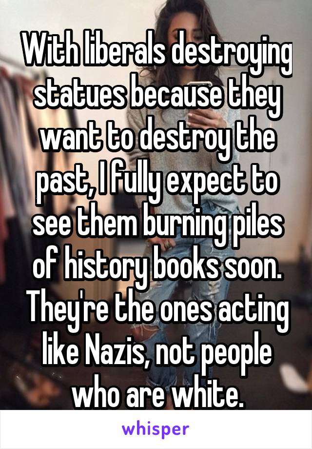 With liberals destroying statues because they want to destroy the past, I fully expect to see them burning piles of history books soon. They're the ones acting like Nazis, not people who are white.