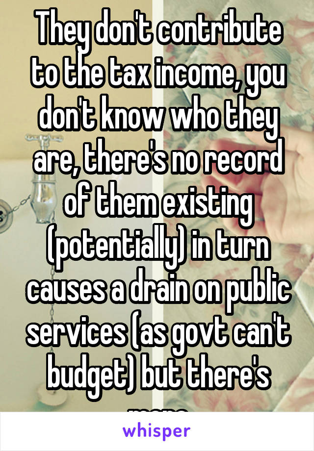 They don't contribute to the tax income, you don't know who they are, there's no record of them existing (potentially) in turn causes a drain on public services (as govt can't budget) but there's more