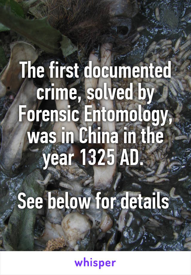 The first documented crime, solved by Forensic Entomology, was in China in the year 1325 AD. 

See below for details 