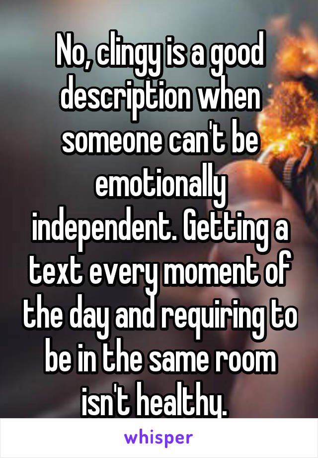 No, clingy is a good description when someone can't be emotionally independent. Getting a text every moment of the day and requiring to be in the same room isn't healthy.  