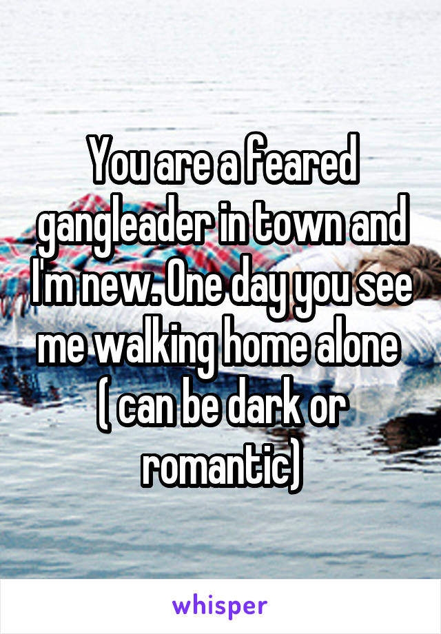 You are a feared gangleader in town and I'm new. One day you see me walking home alone 
( can be dark or romantic)