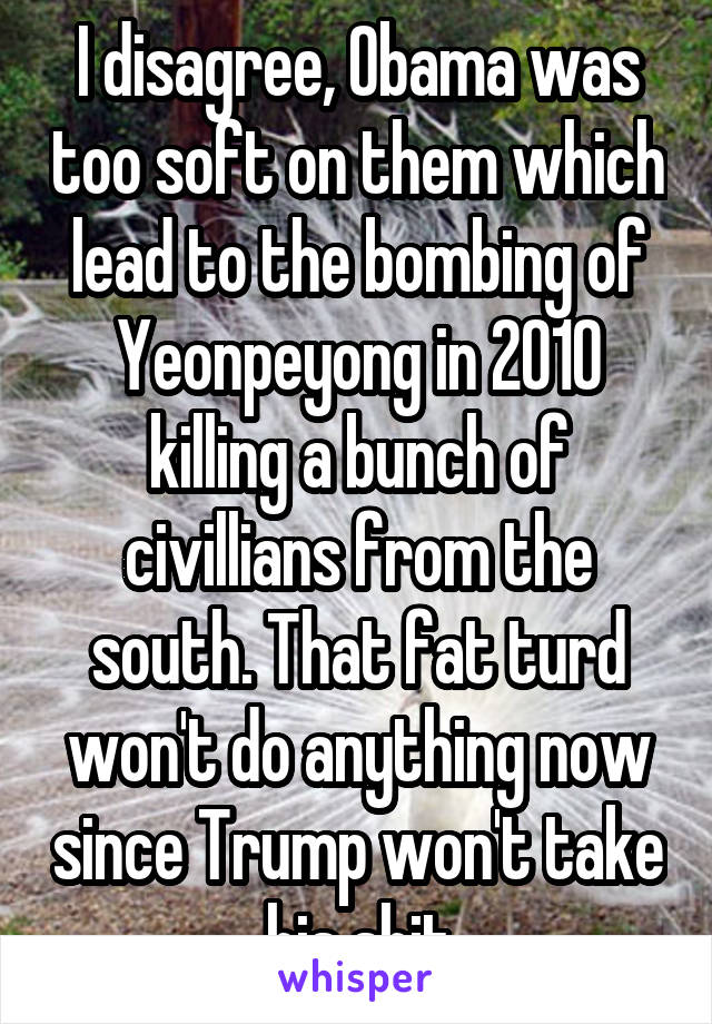 I disagree, Obama was too soft on them which lead to the bombing of Yeonpeyong in 2010 killing a bunch of civillians from the south. That fat turd won't do anything now since Trump won't take his shit