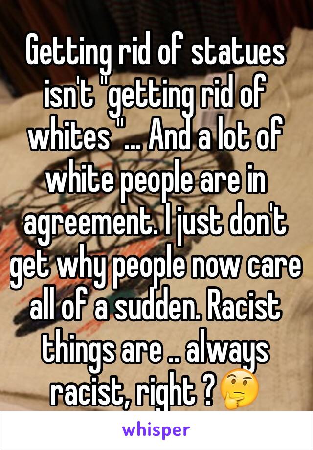 Getting rid of statues isn't "getting rid of whites "... And a lot of white people are in agreement. I just don't get why people now care all of a sudden. Racist things are .. always racist, right ?🤔