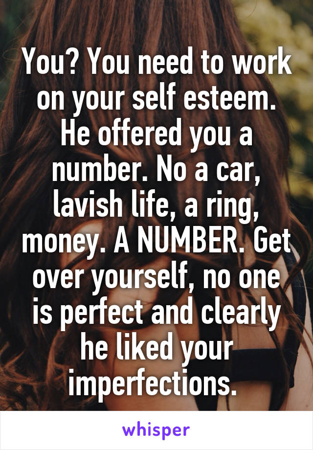 You? You need to work on your self esteem. He offered you a number. No a car, lavish life, a ring, money. A NUMBER. Get over yourself, no one is perfect and clearly he liked your imperfections. 