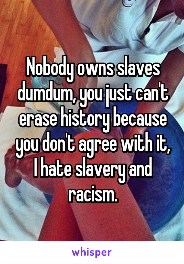 Nobody owns slaves dumdum, you just can't erase history because you don't agree with it, I hate slavery and racism.