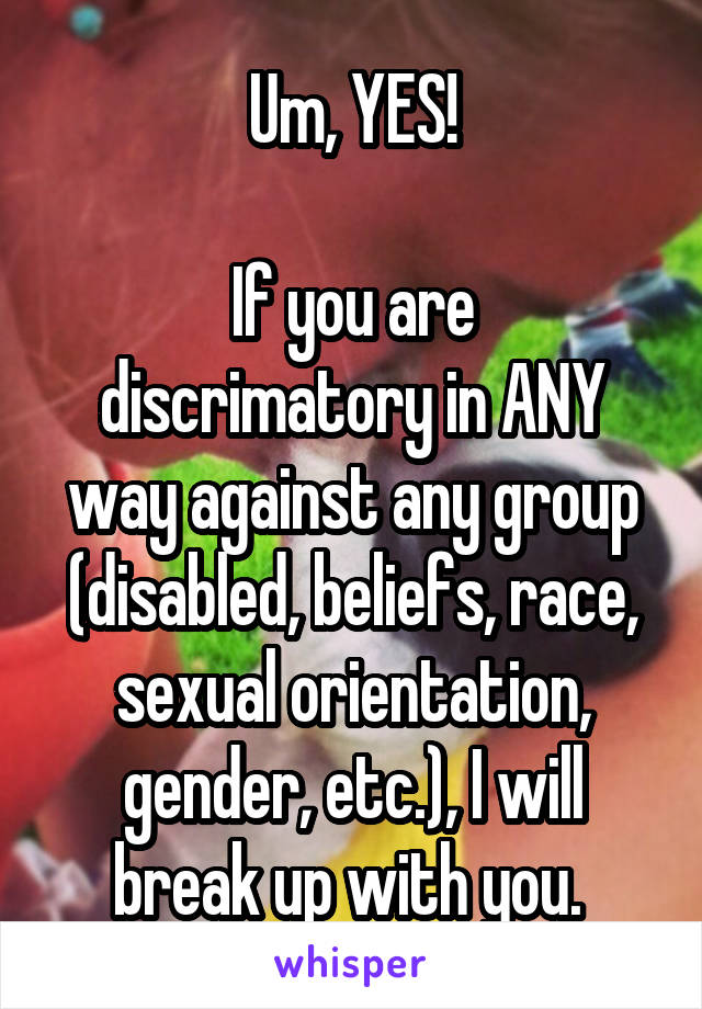 Um, YES!

If you are discrimatory in ANY way against any group (disabled, beliefs, race, sexual orientation, gender, etc.), I will break up with you. 