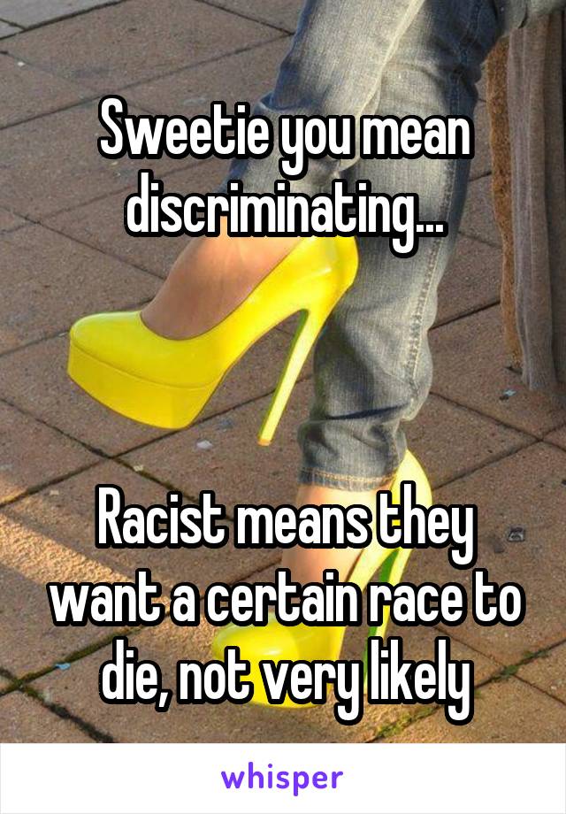 Sweetie you mean discriminating...



Racist means they want a certain race to die, not very likely