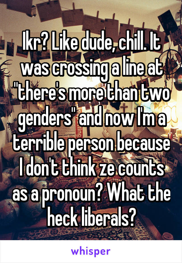 Ikr? Like dude, chill. It was crossing a line at "there's more than two genders" and now I'm a terrible person because I don't think ze counts as a pronoun? What the heck liberals?