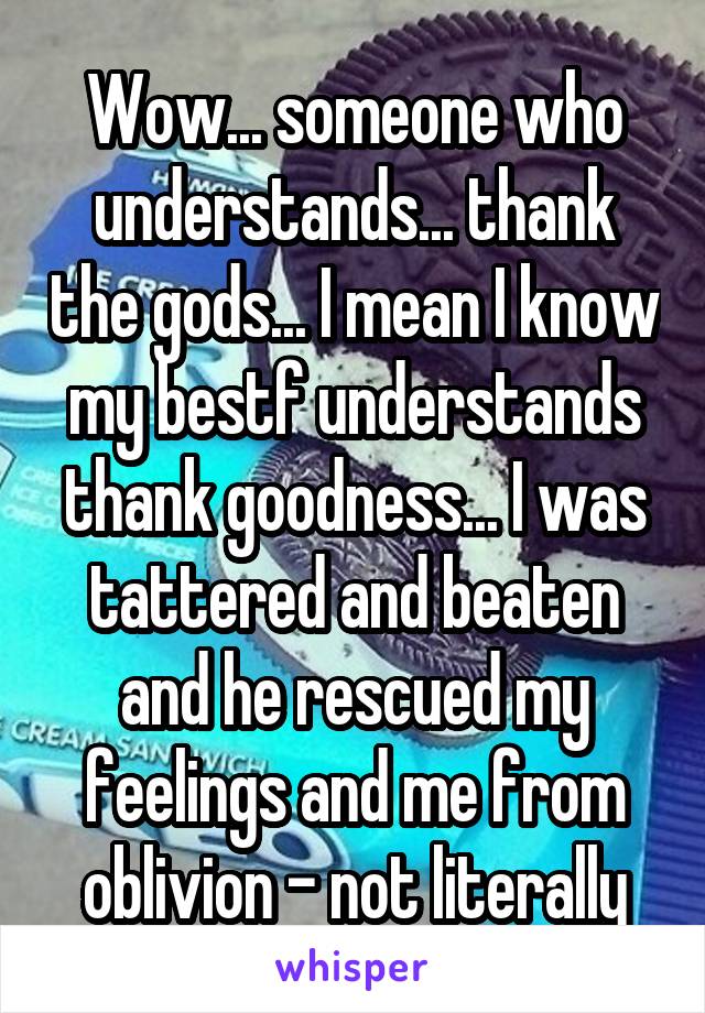 Wow... someone who understands... thank the gods... I mean I know my bestf understands thank goodness... I was tattered and beaten and he rescued my feelings and me from oblivion - not literally
