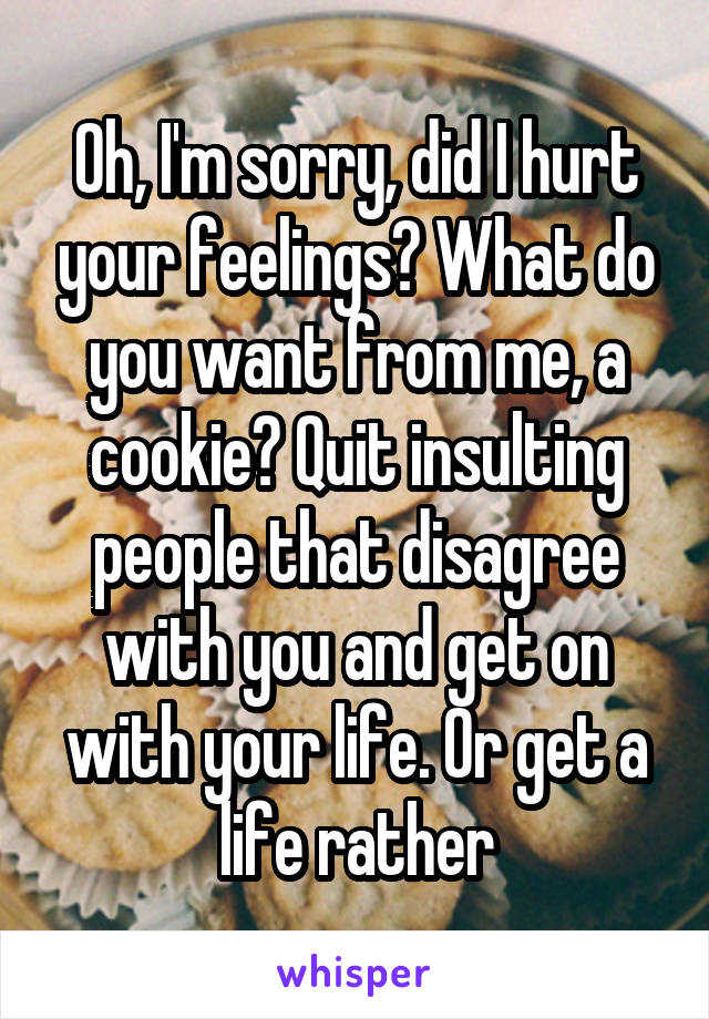 Oh, I'm sorry, did I hurt your feelings? What do you want from me, a cookie? Quit insulting people that disagree with you and get on with your life. Or get a life rather