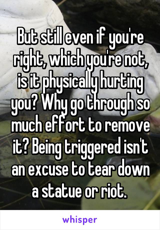 But still even if you're right, which you're not, is it physically hurting you? Why go through so much effort to remove it? Being triggered isn't an excuse to tear down a statue or riot. 