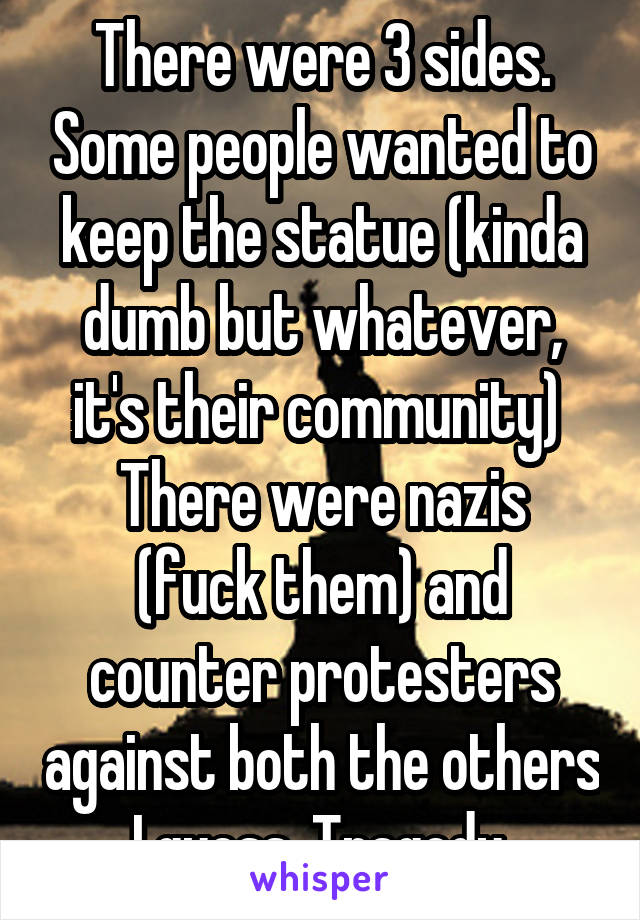There were 3 sides. Some people wanted to keep the statue (kinda dumb but whatever, it's their community) 
There were nazis (fuck them) and counter protesters against both the others I guess. Tragedy.