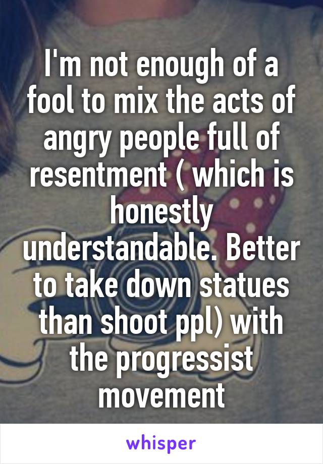 I'm not enough of a fool to mix the acts of angry people full of resentment ( which is honestly understandable. Better to take down statues than shoot ppl) with the progressist movement