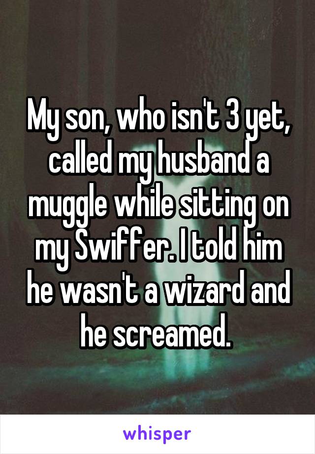 My son, who isn't 3 yet, called my husband a muggle while sitting on my Swiffer. I told him he wasn't a wizard and he screamed. 