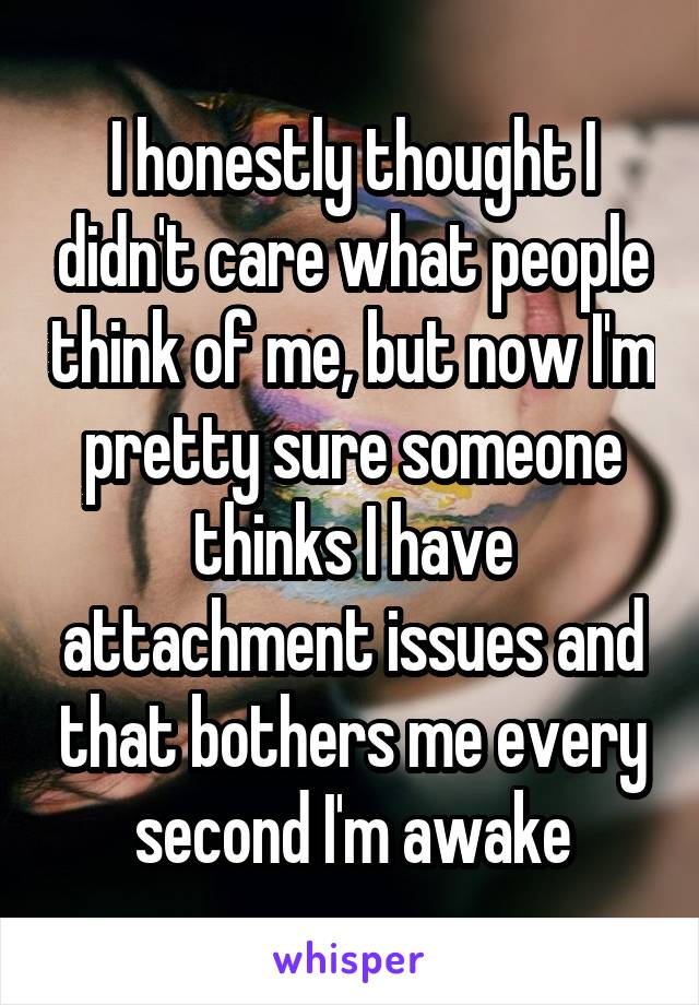 I honestly thought I didn't care what people think of me, but now I'm pretty sure someone thinks I have attachment issues and that bothers me every second I'm awake