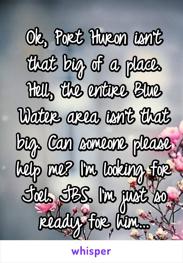 Ok, Port Huron isn't that big of a place. Hell, the entire Blue Water area isn't that big. Can someone please help me? I'm looking for Joel. JBS. I'm just so ready for him...