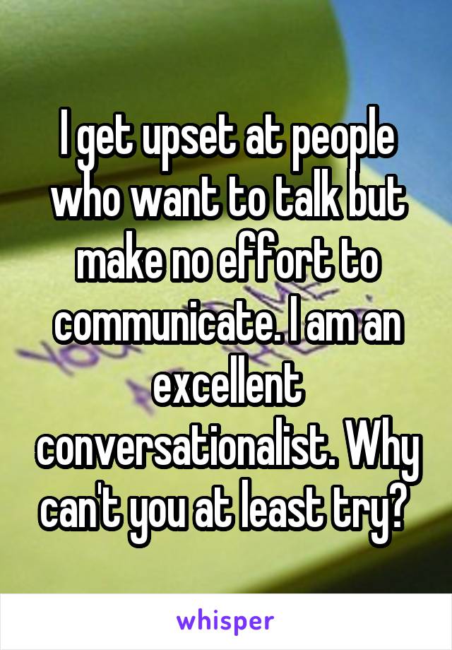 I get upset at people who want to talk but make no effort to communicate. I am an excellent conversationalist. Why can't you at least try? 