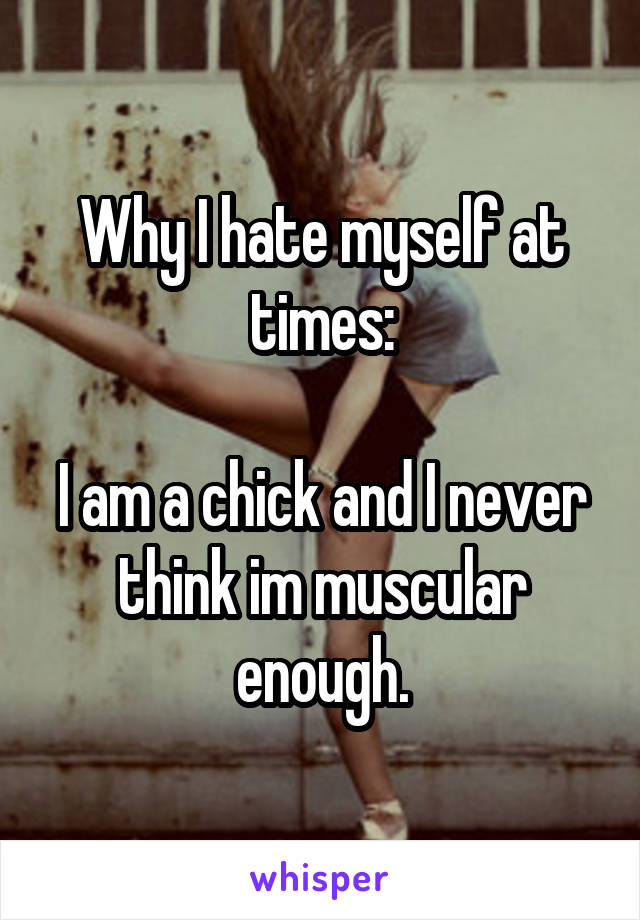 Why I hate myself at times:

I am a chick and I never think im muscular enough.