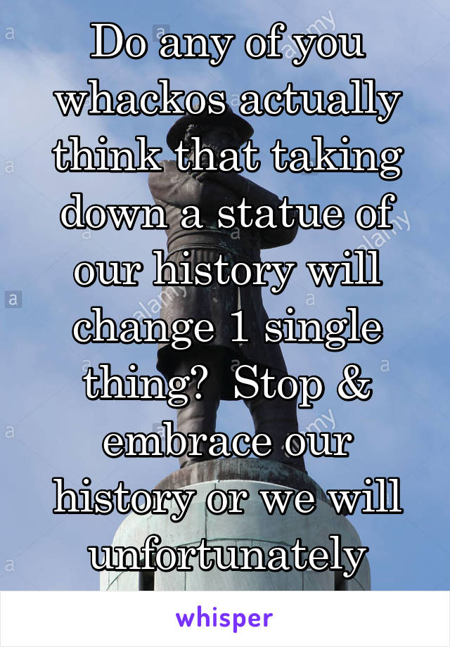 Do any of you whackos actually think that taking down a statue of our history will change 1 single thing?  Stop & embrace our history or we will unfortunately repeat it. 