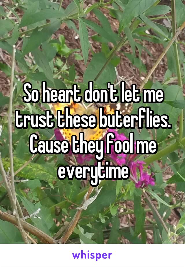 So heart don't let me trust these buterflies. Cause they fool me everytime