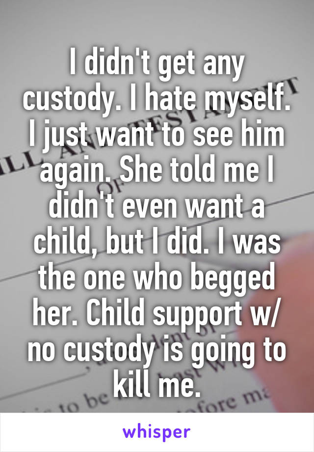 I didn't get any custody. I hate myself. I just want to see him again. She told me I didn't even want a child, but I did. I was the one who begged her. Child support w/ no custody is going to kill me.