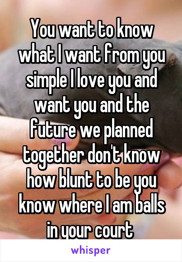 You want to know what I want from you simple I love you and want you and the future we planned together don't know how blunt to be you know where I am balls in your court 