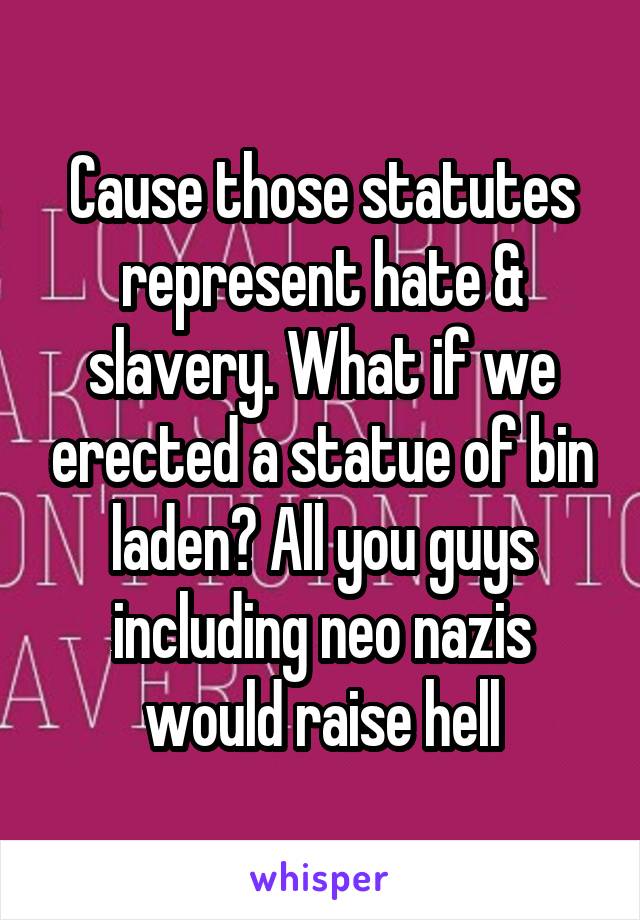 Cause those statutes represent hate & slavery. What if we erected a statue of bin laden? All you guys including neo nazis would raise hell