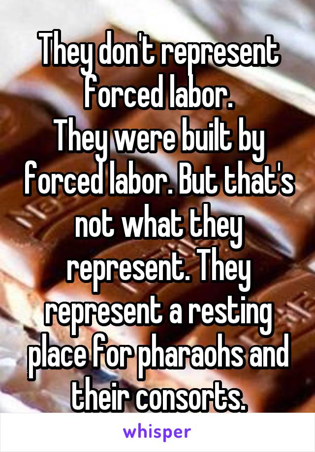 They don't represent forced labor.
They were built by forced labor. But that's not what they represent. They represent a resting place for pharaohs and their consorts.
