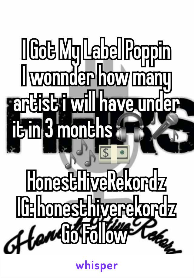 I Got My Label Poppin
I wonnder how many artist i will have under it in 3 months🎧🎤🎶💵 HonestHiveRekordz
IG: honesthiverekordz
Go Follow 