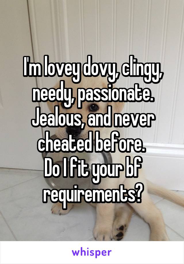 I'm lovey dovy, clingy, needy, passionate. Jealous, and never cheated before. 
Do I fit your bf requirements?