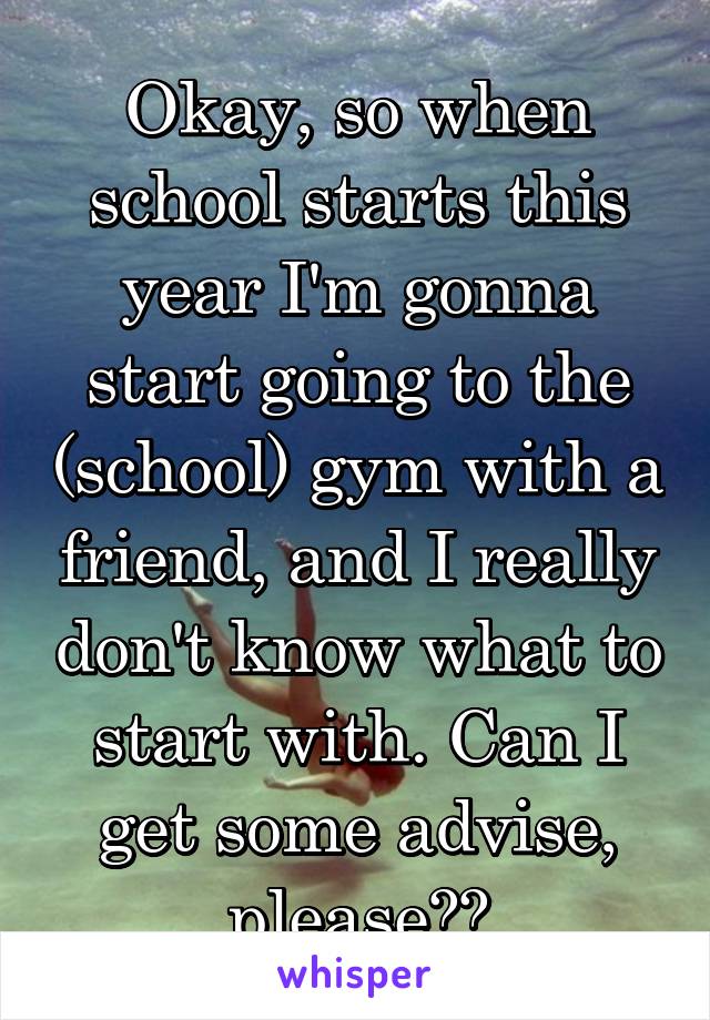 Okay, so when school starts this year I'm gonna start going to the (school) gym with a friend, and I really don't know what to start with. Can I get some advise, please??
