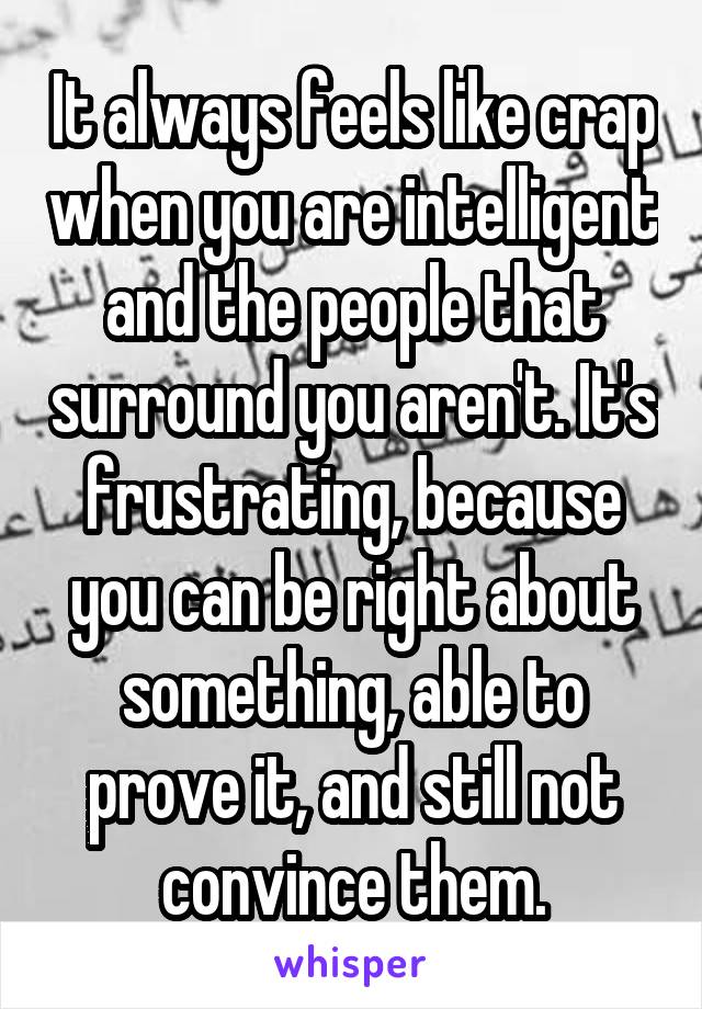 It always feels like crap when you are intelligent and the people that surround you aren't. It's frustrating, because you can be right about something, able to prove it, and still not convince them.