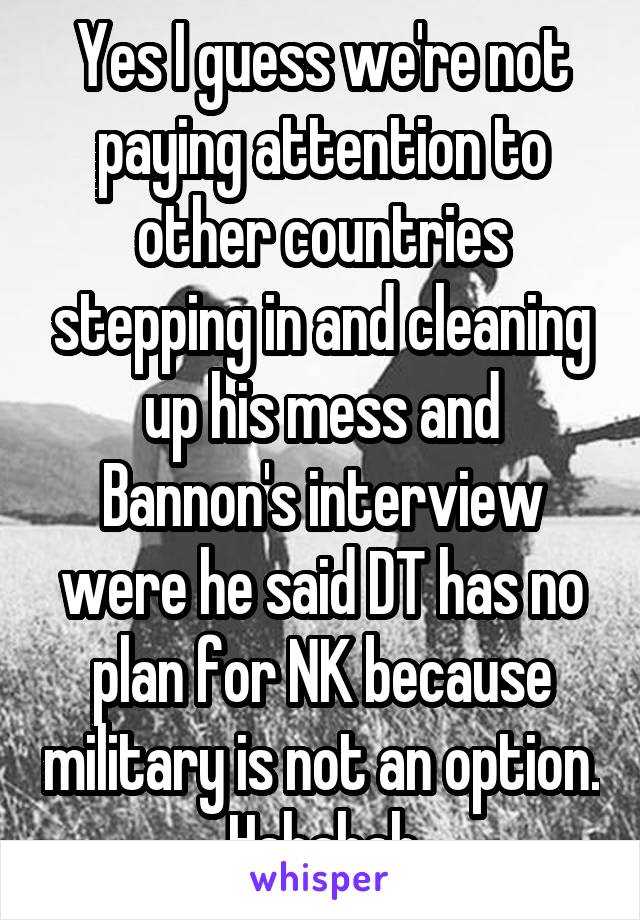 Yes I guess we're not paying attention to other countries stepping in and cleaning up his mess and Bannon's interview were he said DT has no plan for NK because military is not an option. Hahahah