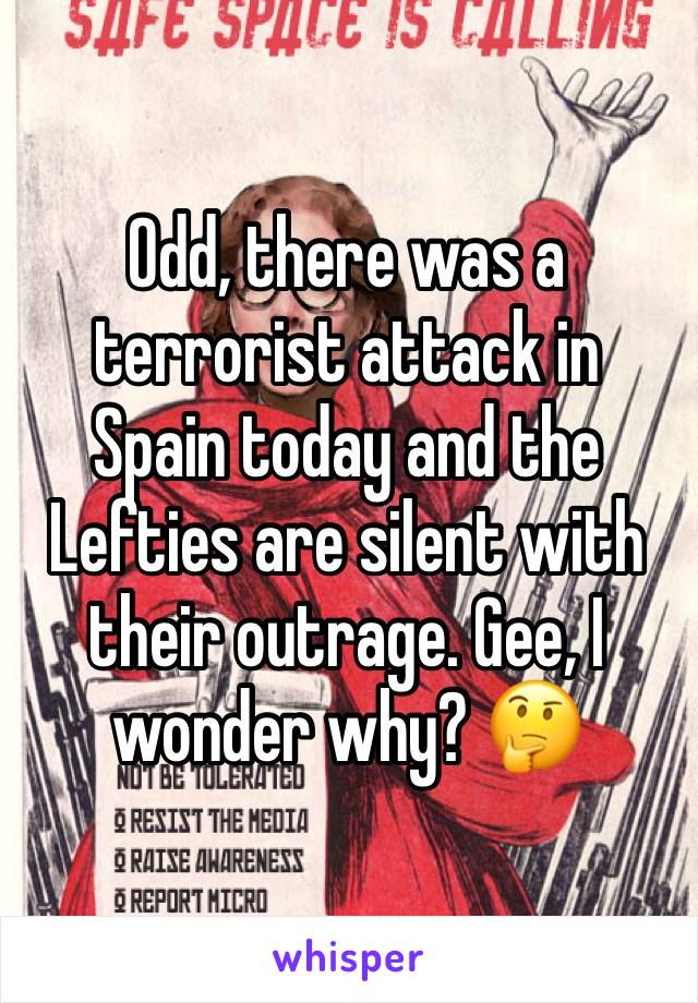 Odd, there was a terrorist attack in Spain today and the Lefties are silent with their outrage. Gee, I wonder why? 🤔